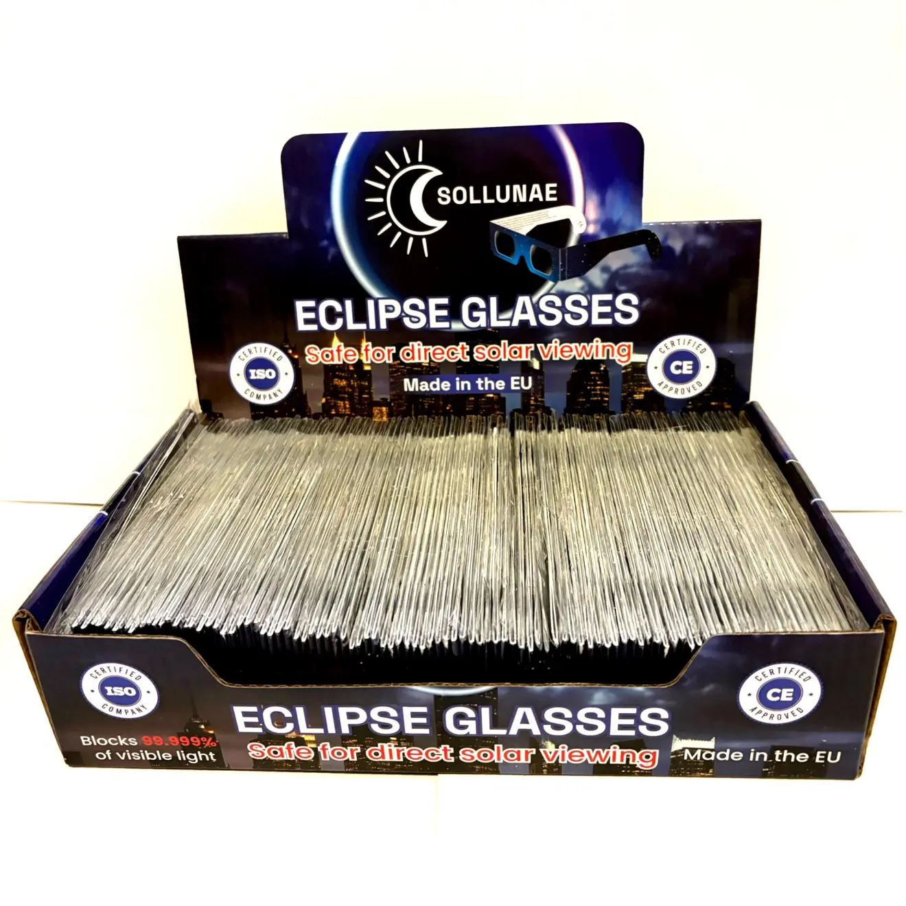 The display box of ISO 12312-2 certified eclipse glasses you'll be collecting